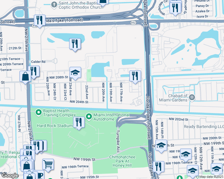 map of restaurants, bars, coffee shops, grocery stores, and more near 20554 Northwest 19th Avenue in Miami Gardens