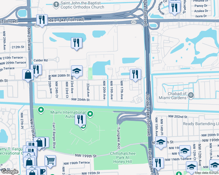map of restaurants, bars, coffee shops, grocery stores, and more near 20554 Northwest 19th Avenue in Miami Gardens