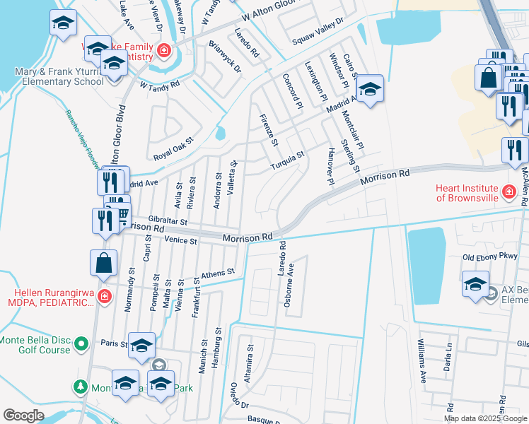map of restaurants, bars, coffee shops, grocery stores, and more near 2327 Athens Street in Brownsville