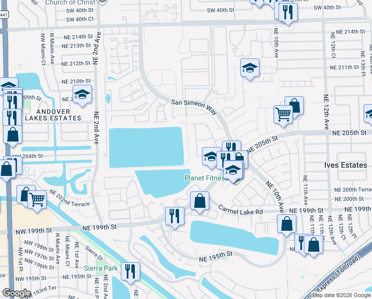 map of restaurants, bars, coffee shops, grocery stores, and more near 20544 Northeast 6th Court in Miami
