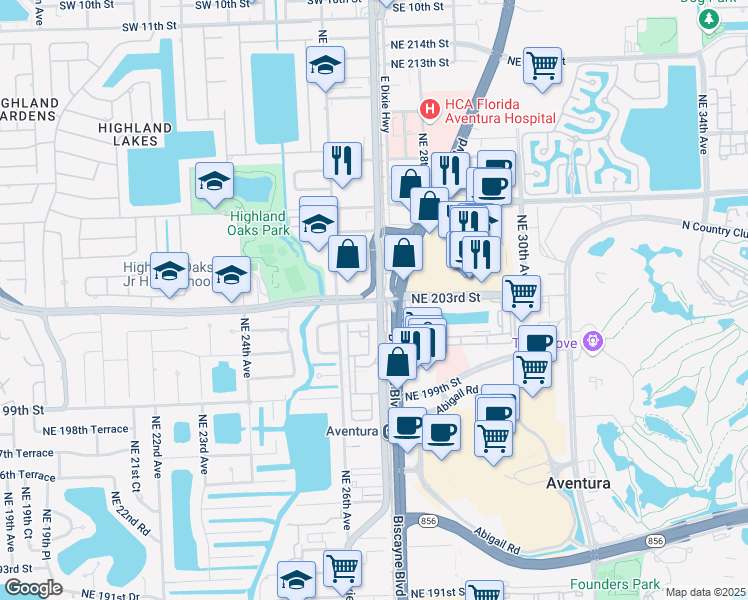 map of restaurants, bars, coffee shops, grocery stores, and more near 2660 Northeast 203rd Street in Miami