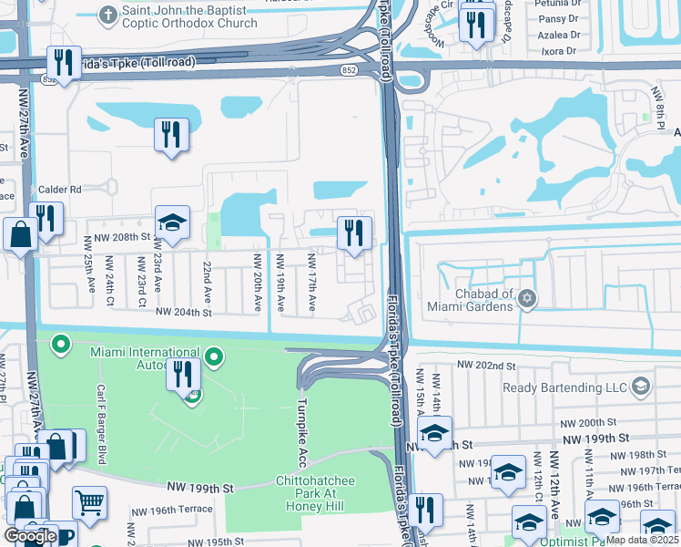 map of restaurants, bars, coffee shops, grocery stores, and more near 20541 Northwest 17th Avenue in Miami Gardens