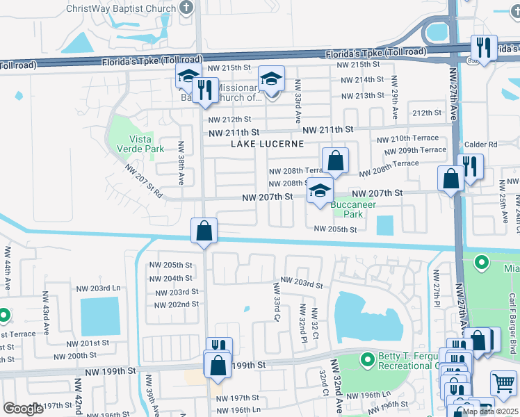 map of restaurants, bars, coffee shops, grocery stores, and more near 20601 Northwest 34th Court in Miami Gardens