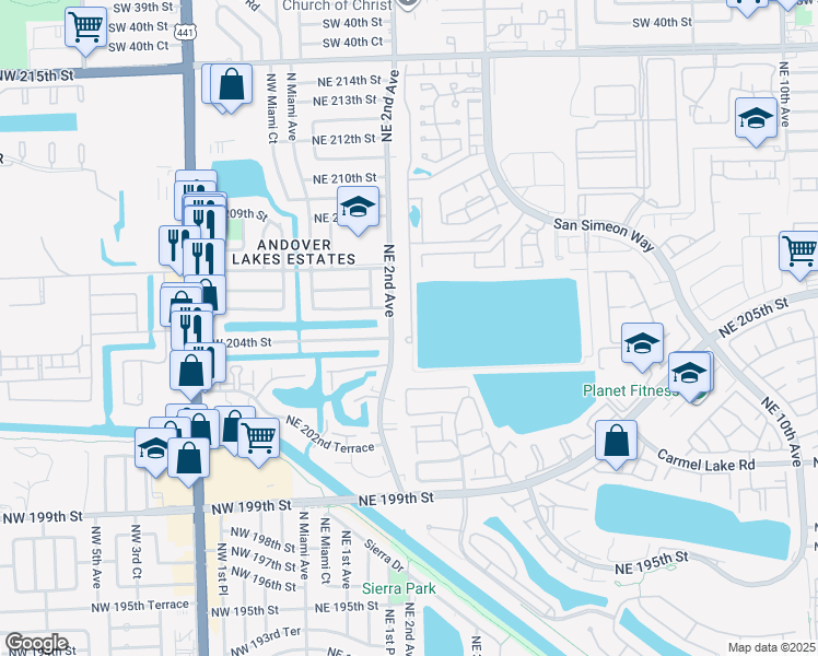 map of restaurants, bars, coffee shops, grocery stores, and more near 20440 Northeast 2nd Court in North Miami Beach