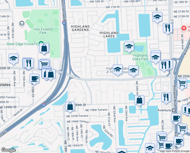 map of restaurants, bars, coffee shops, grocery stores, and more near 2070 Northeast 203rd Terrace in Miami