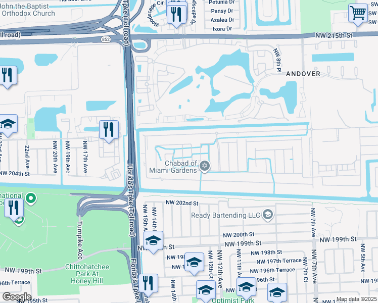 map of restaurants, bars, coffee shops, grocery stores, and more near 20614 Northwest 13th Avenue in Miami