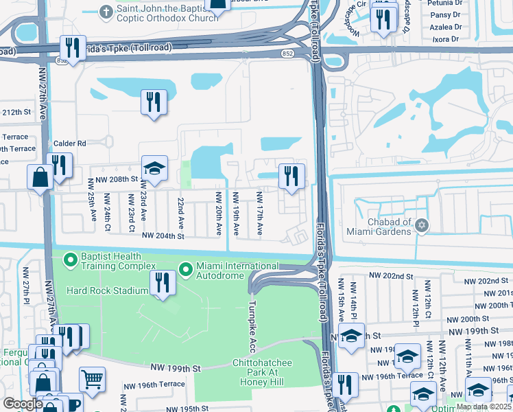 map of restaurants, bars, coffee shops, grocery stores, and more near 20550 Northwest 17th Avenue in Miami Gardens