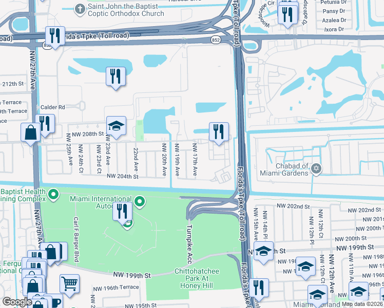 map of restaurants, bars, coffee shops, grocery stores, and more near 20550 Northwest 17th Avenue in Miami Gardens
