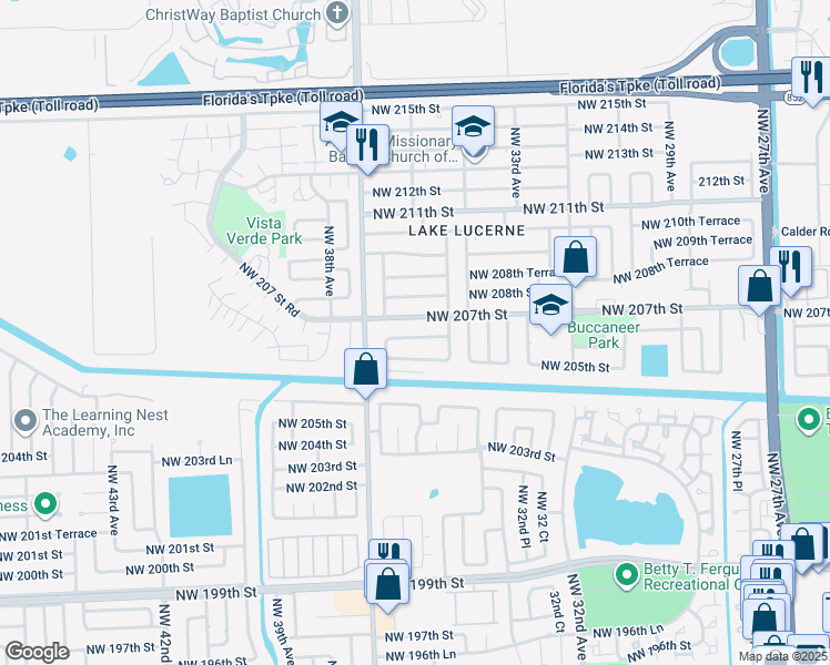 map of restaurants, bars, coffee shops, grocery stores, and more near 3501 Northwest 206th Street in Miami Gardens