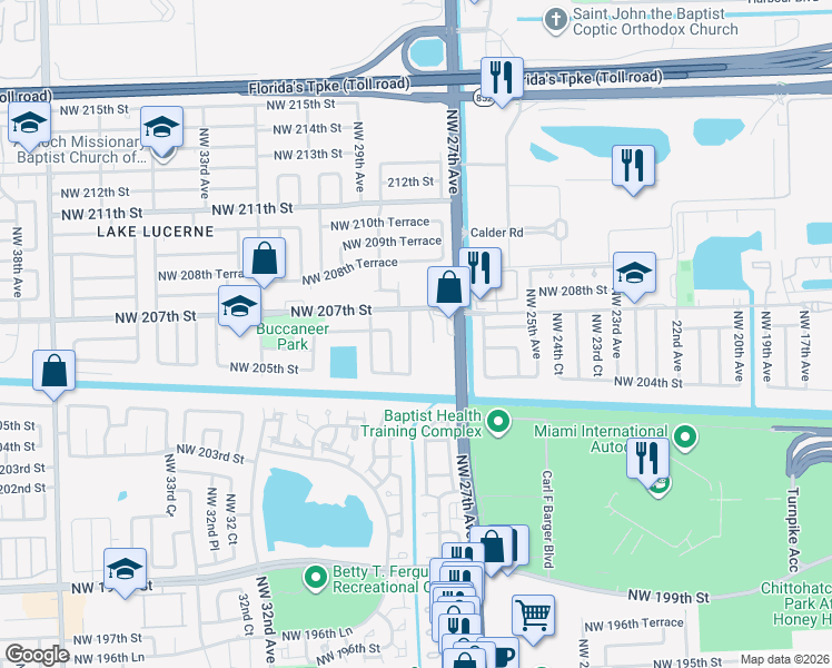 map of restaurants, bars, coffee shops, grocery stores, and more near 20615 Northwest 28th Avenue in Miami Gardens