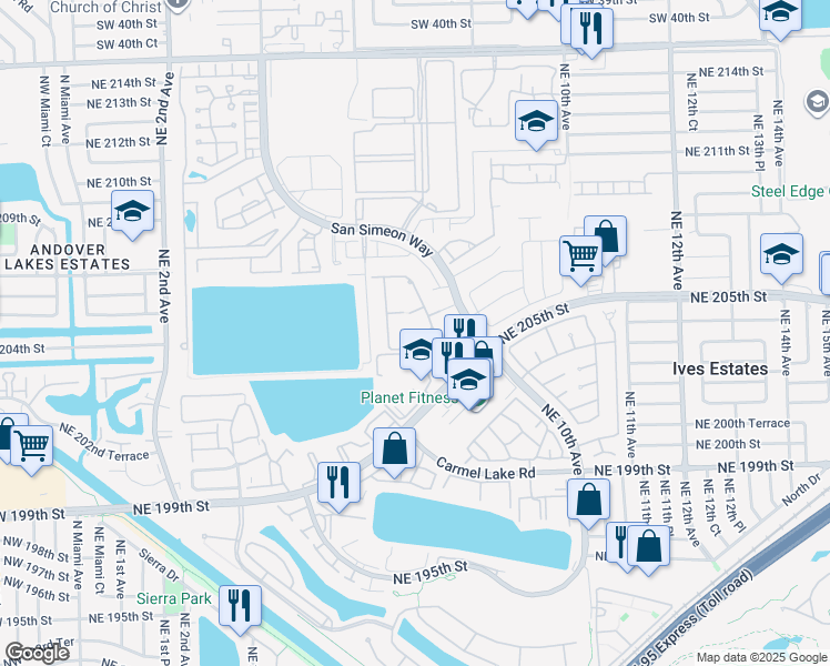 map of restaurants, bars, coffee shops, grocery stores, and more near 701 Northeast 205th Terrace in Miami