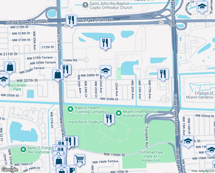 map of restaurants, bars, coffee shops, grocery stores, and more near 20603 Northwest 22nd Place in Miami Gardens
