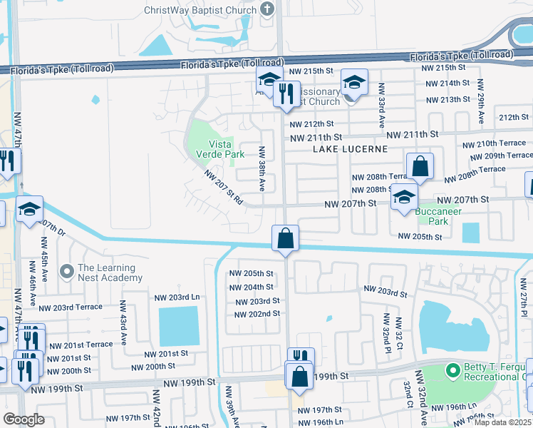map of restaurants, bars, coffee shops, grocery stores, and more near 20645 Northwest 38th Avenue in Miami Gardens