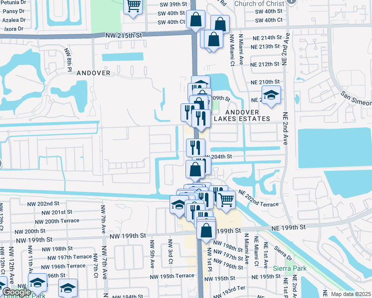 map of restaurants, bars, coffee shops, grocery stores, and more near 20441 Northwest 2nd Court in Miami