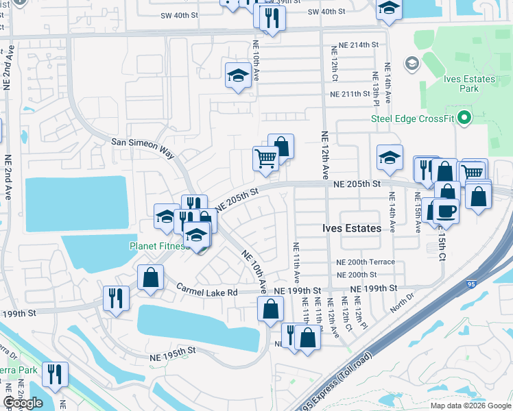 map of restaurants, bars, coffee shops, grocery stores, and more near 1089 Northeast 204th Terrace in North Miami Beach