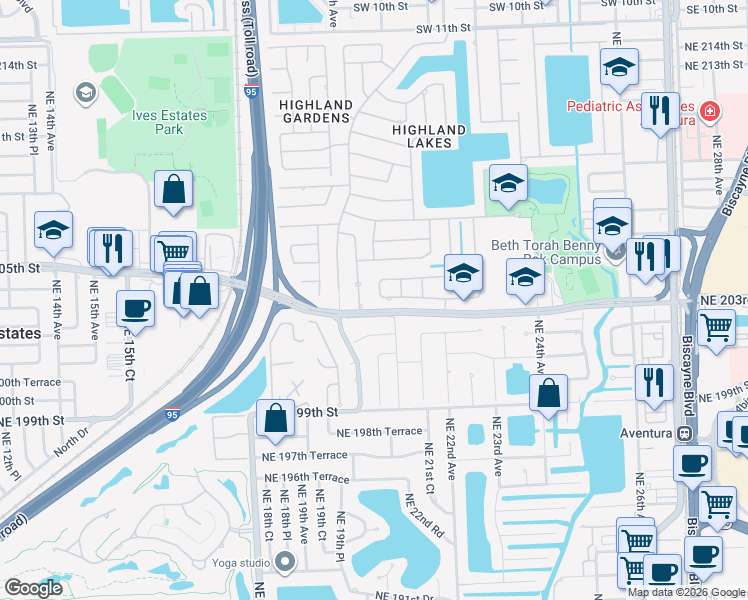 map of restaurants, bars, coffee shops, grocery stores, and more near 2070 Northeast 203rd Terrace in Miami