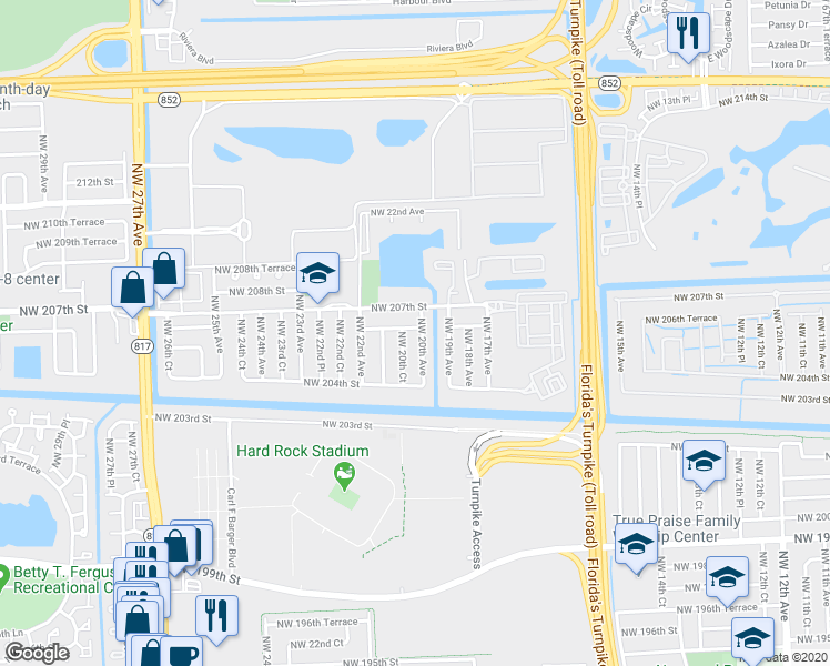 map of restaurants, bars, coffee shops, grocery stores, and more near 20541 Northwest 20th Court in Miami Gardens