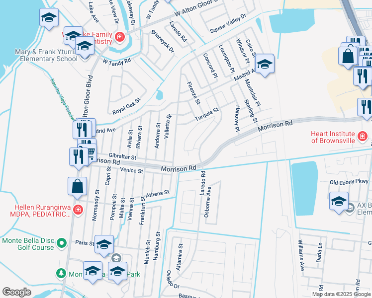map of restaurants, bars, coffee shops, grocery stores, and more near 2327 Athens Street in Brownsville