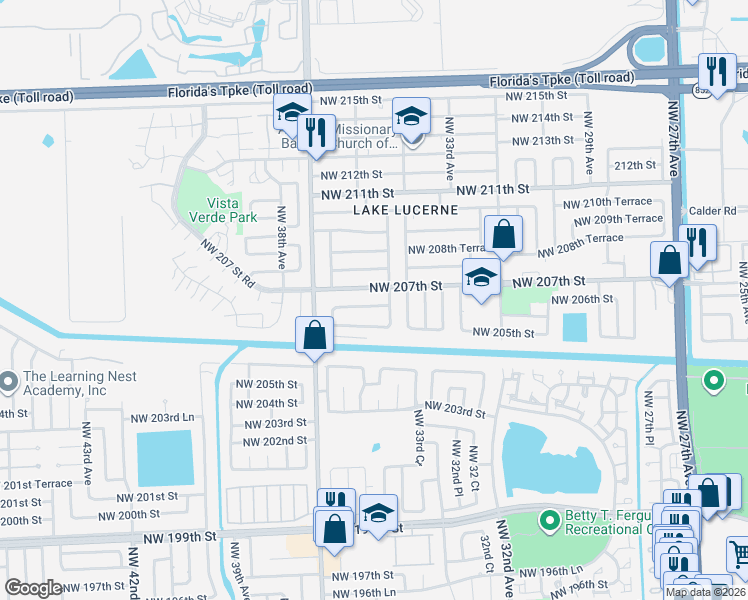 map of restaurants, bars, coffee shops, grocery stores, and more near 20601 Northwest 34th Court in Miami Gardens