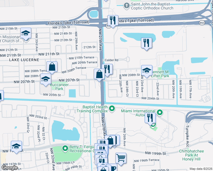 map of restaurants, bars, coffee shops, grocery stores, and more near 2630 Northwest 206th Street in Miami Gardens