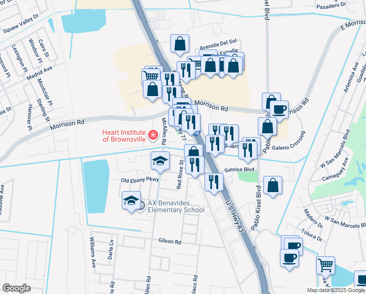 map of restaurants, bars, coffee shops, grocery stores, and more near 4205 Old Highway 77 in Brownsville