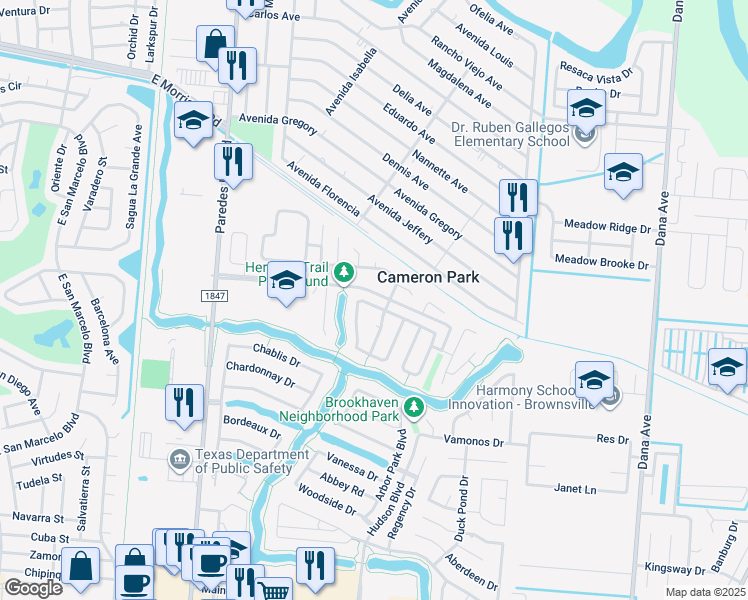 map of restaurants, bars, coffee shops, grocery stores, and more near 3336 Brasilia Drive in Brownsville
