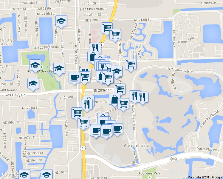 map of restaurants, bars, coffee shops, grocery stores, and more near in Aventura