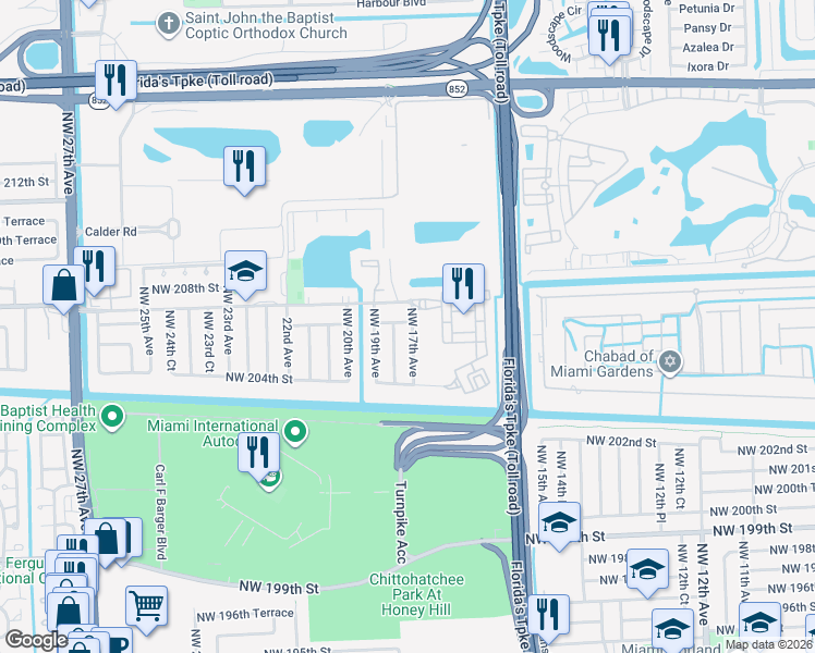 map of restaurants, bars, coffee shops, grocery stores, and more near 20550 Northwest 17th Avenue in Miami Gardens