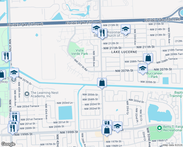 map of restaurants, bars, coffee shops, grocery stores, and more near 20645 Northwest 38th Avenue in Miami Gardens