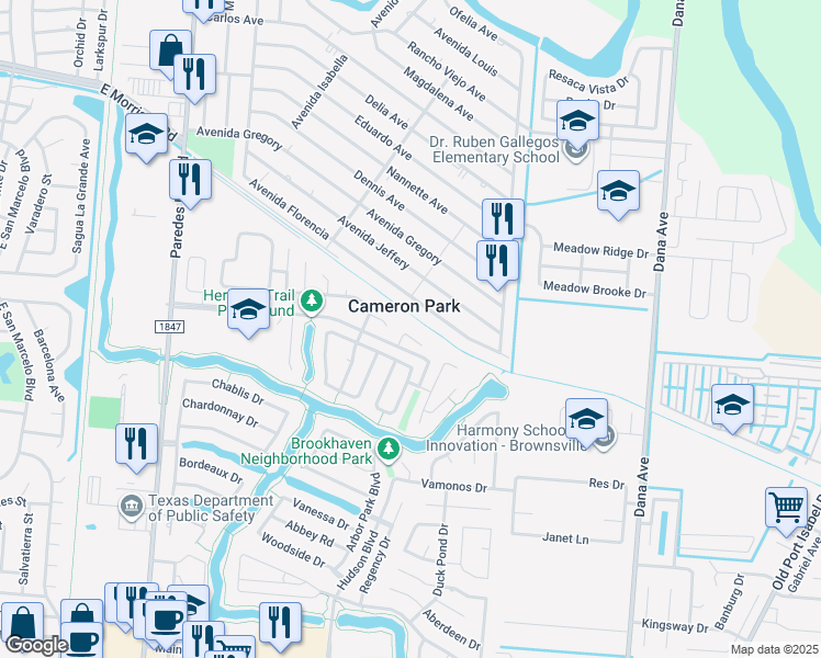 map of restaurants, bars, coffee shops, grocery stores, and more near 3348 Calle Bolivia in Brownsville