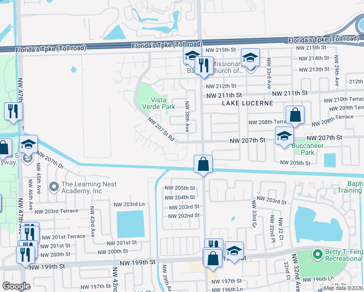 map of restaurants, bars, coffee shops, grocery stores, and more near 20645 Northwest 38th Avenue in Miami Gardens