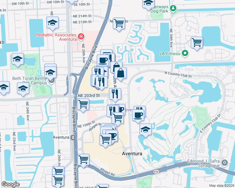 map of restaurants, bars, coffee shops, grocery stores, and more near in Aventura
