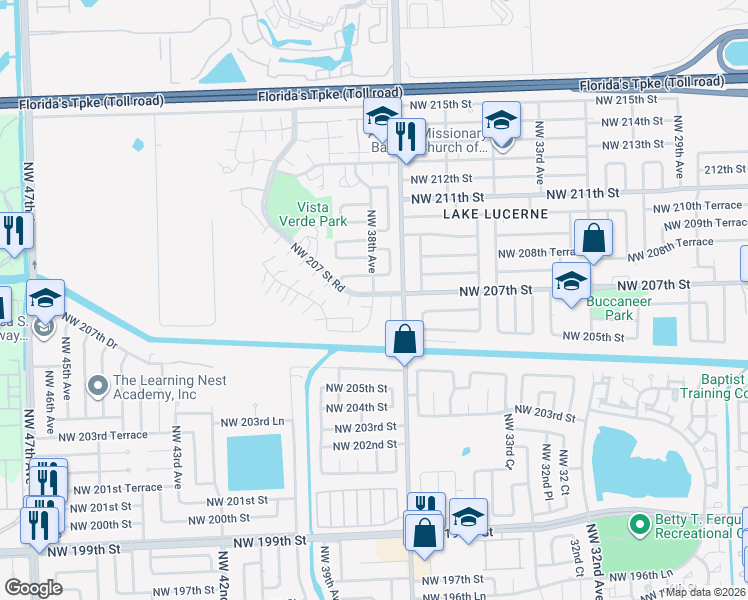 map of restaurants, bars, coffee shops, grocery stores, and more near 20645 Northwest 38th Avenue in Miami Gardens