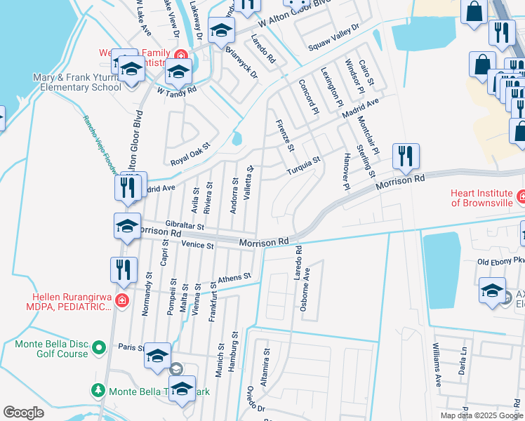 map of restaurants, bars, coffee shops, grocery stores, and more near 2327 Athens Street in Brownsville