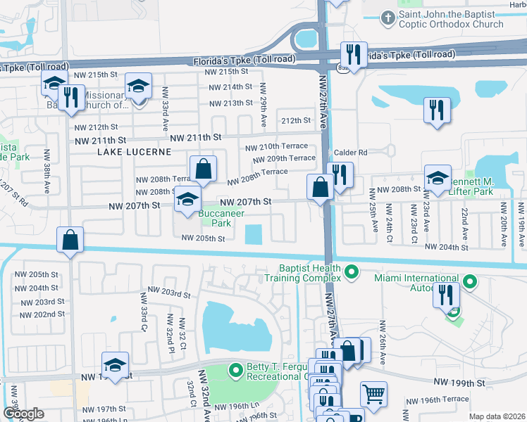 map of restaurants, bars, coffee shops, grocery stores, and more near 20625 Northwest 29th Avenue in Miami Gardens