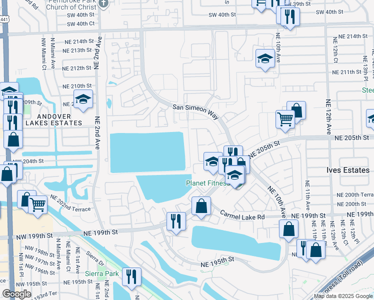 map of restaurants, bars, coffee shops, grocery stores, and more near 20544 Northeast 6th Court in Miami