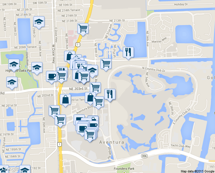 map of restaurants, bars, coffee shops, grocery stores, and more near in Aventura