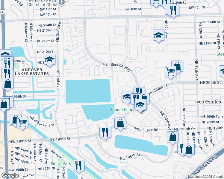 map of restaurants, bars, coffee shops, grocery stores, and more near 20544 Northeast 6th Court in Miami