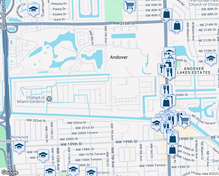 map of restaurants, bars, coffee shops, grocery stores, and more near 20490 Northwest 7th Avenue in Miami