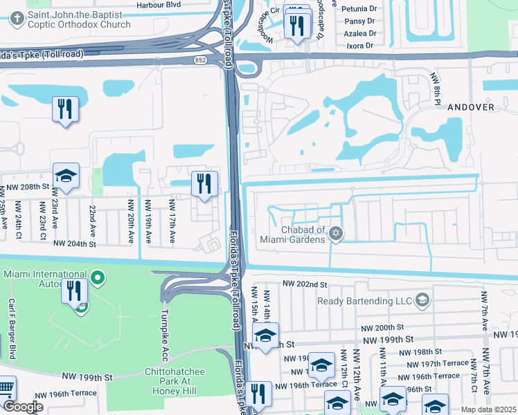 map of restaurants, bars, coffee shops, grocery stores, and more near 20610 Northwest 14th Place in Miami