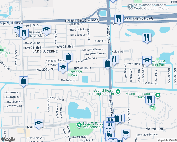 map of restaurants, bars, coffee shops, grocery stores, and more near 20625 Northwest 29th Avenue in Miami Gardens