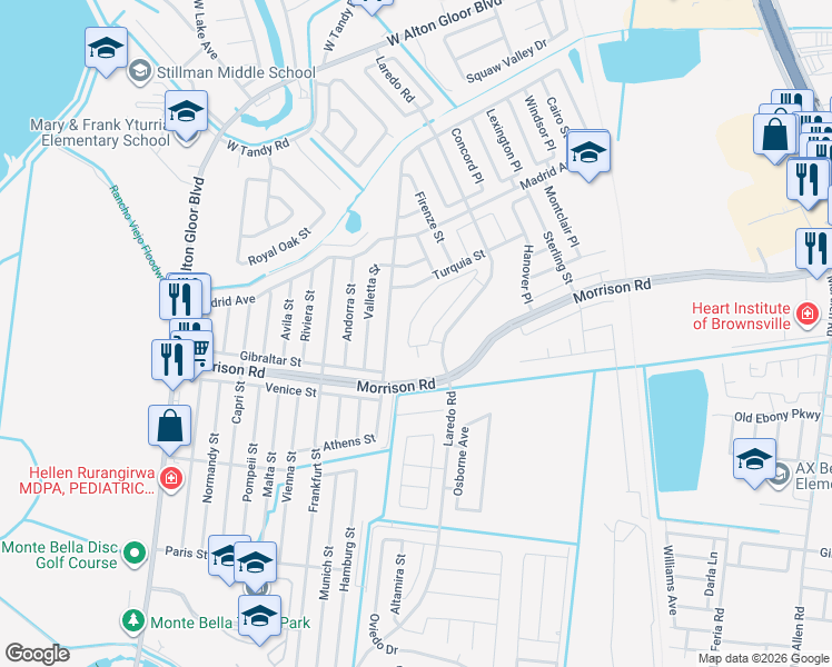map of restaurants, bars, coffee shops, grocery stores, and more near 2327 Athens Street in Brownsville