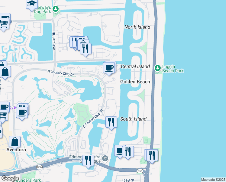 map of restaurants, bars, coffee shops, grocery stores, and more near 20191 East Country Club Drive in Miami