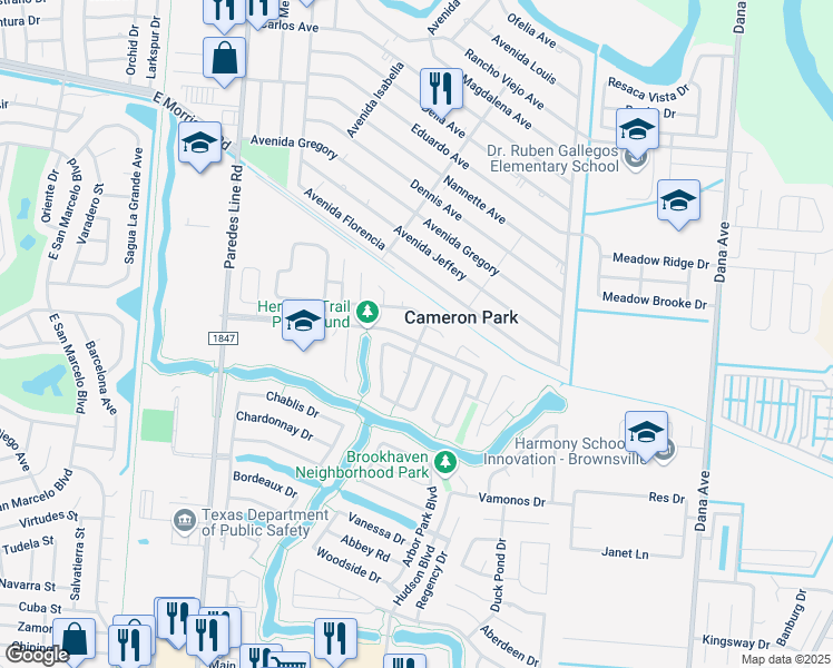 map of restaurants, bars, coffee shops, grocery stores, and more near 3336 Brasilia Drive in Brownsville