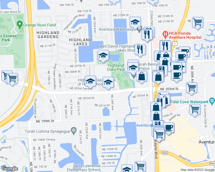 map of restaurants, bars, coffee shops, grocery stores, and more near 2375 Northeast 203rd Street in Miami