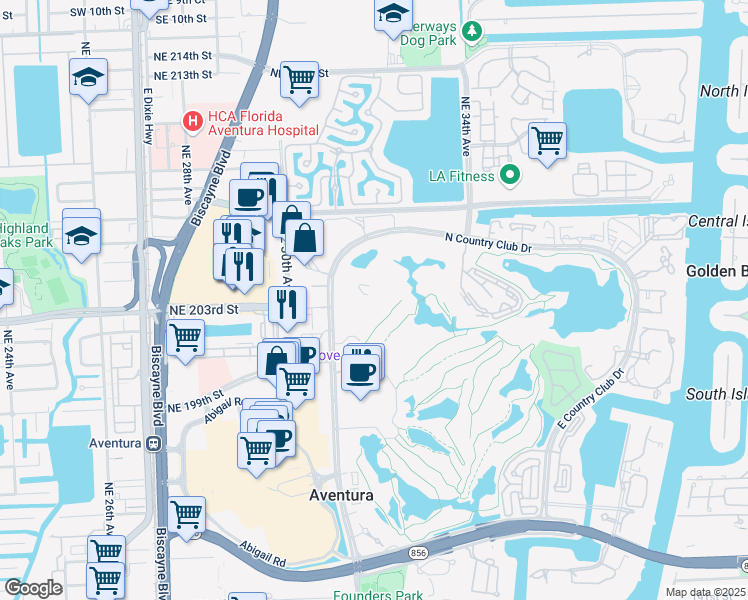 map of restaurants, bars, coffee shops, grocery stores, and more near 20301 West Country Club Drive in Aventura