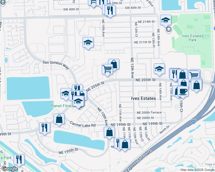 map of restaurants, bars, coffee shops, grocery stores, and more near 1089 Northeast 204th Terrace in North Miami Beach