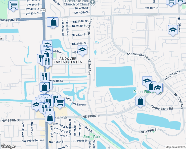 map of restaurants, bars, coffee shops, grocery stores, and more near 20440 Northeast 2nd Court in North Miami Beach