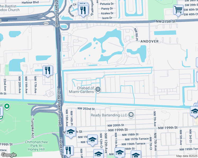 map of restaurants, bars, coffee shops, grocery stores, and more near 20590 Northwest 12th Court in Miami