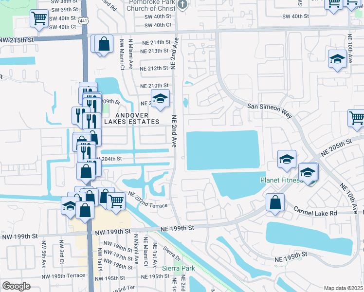 map of restaurants, bars, coffee shops, grocery stores, and more near 20440 Northeast 2nd Court in North Miami Beach